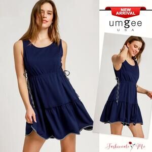 Umgee Frill Drawstring Waist Scoop Neck Loose Fit Casual Mini Tank Dress | Navy